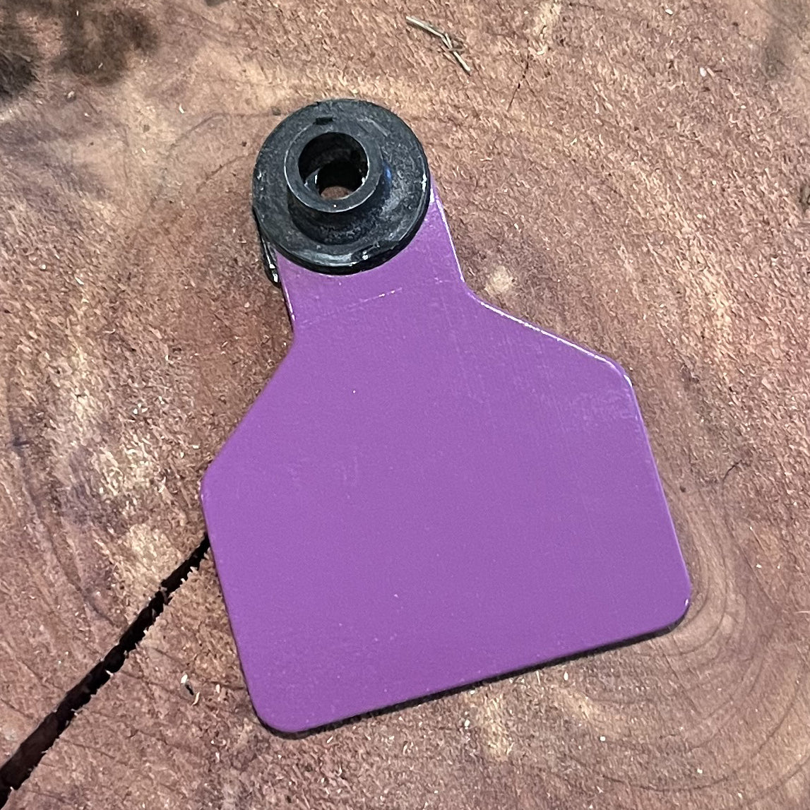 Purple plastic tag with a black rubber grommet on a textured brown surface