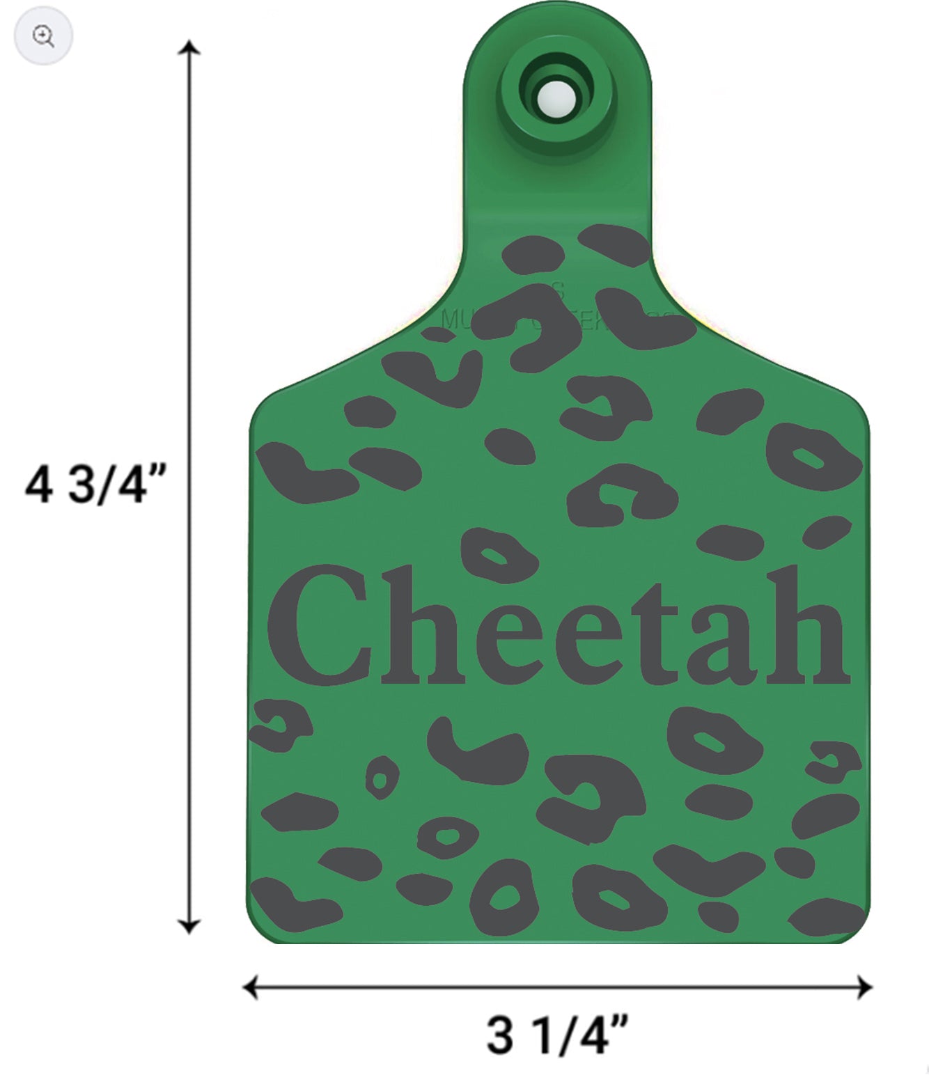 Green tag with cheetah pattern and 'Cheetah' text, showing dimensions on a white background.