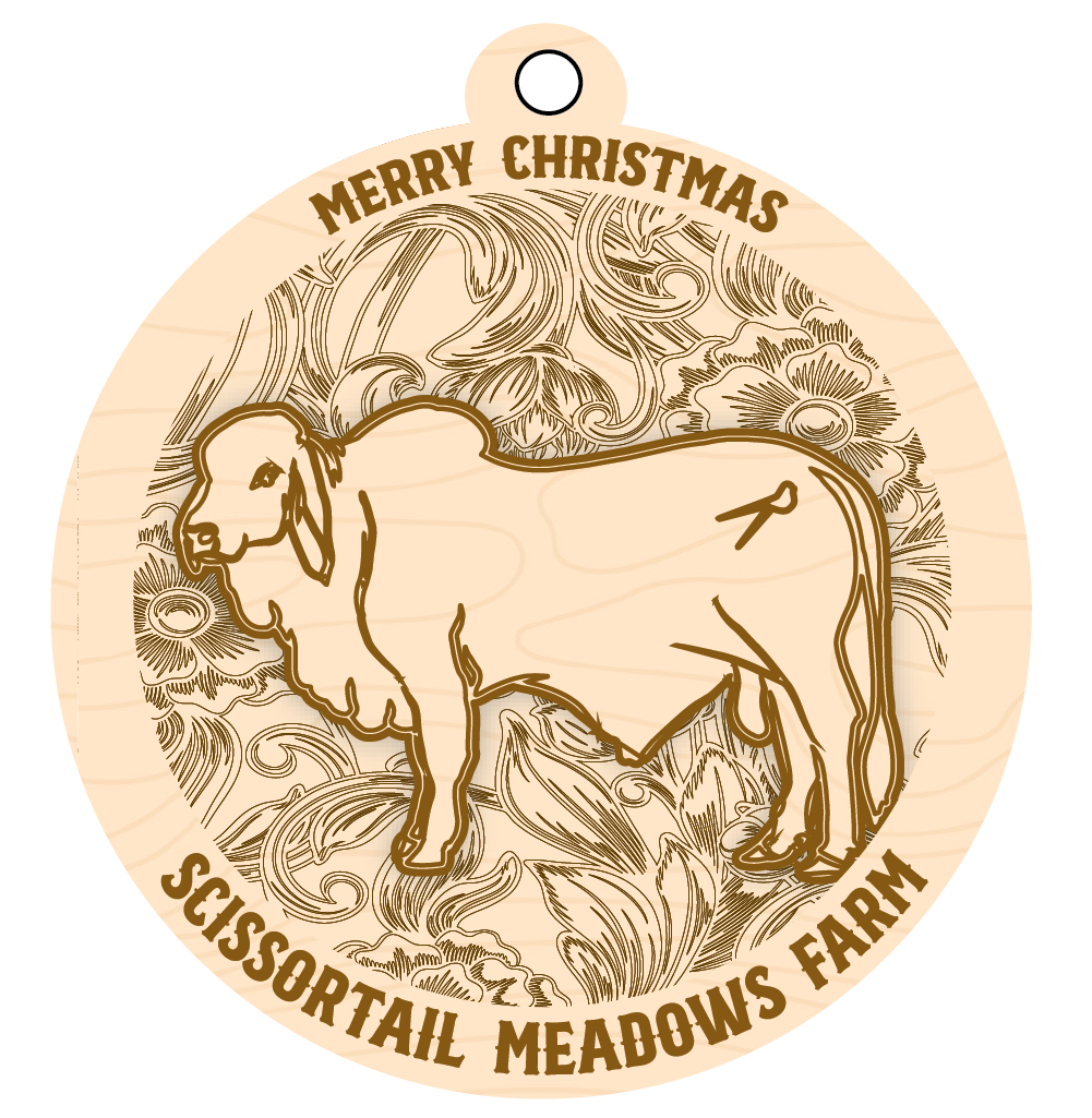 Wooden ornament with engraved sheep design and 'Merry Christmas' text, featuring Scissortail Meadows Farm branding.