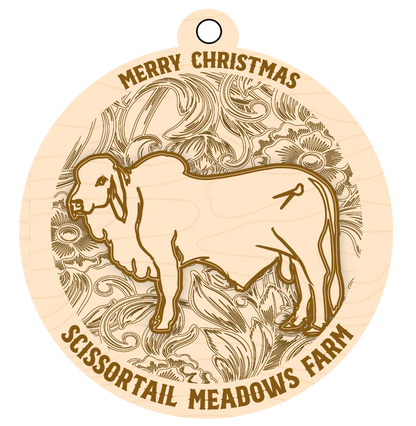 Wooden ornament with engraved sheep design and 'Merry Christmas' text, featuring Scissortail Meadows Farm branding.