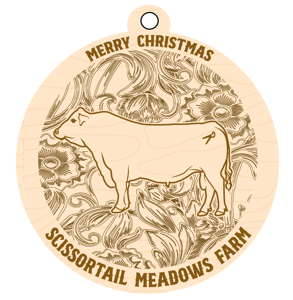 Decorative wooden ornament with a cow illustration and 'Merry Christmas' text, featuring Scissortail Meadows Farm branding.