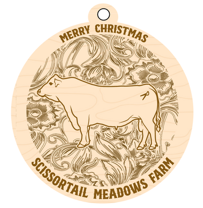 Decorative wooden ornament with a cow illustration and 'Merry Christmas' text, featuring Scissortail Meadows Farm branding.