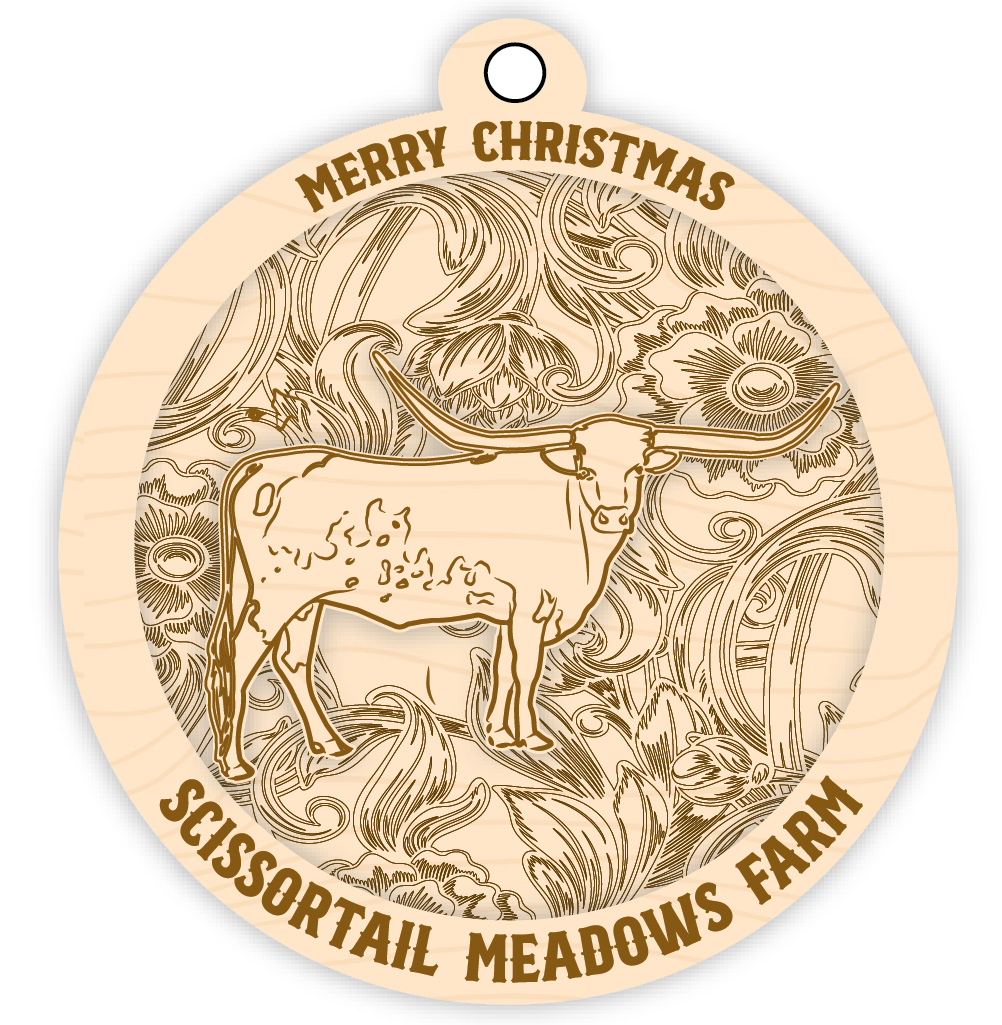 Wooden ornament with longhorn cow design and 'Merry Christmas Scissortail Meadows Farm' text.