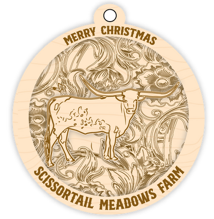 Wooden ornament with longhorn cow design and 'Merry Christmas Scissortail Meadows Farm' text.