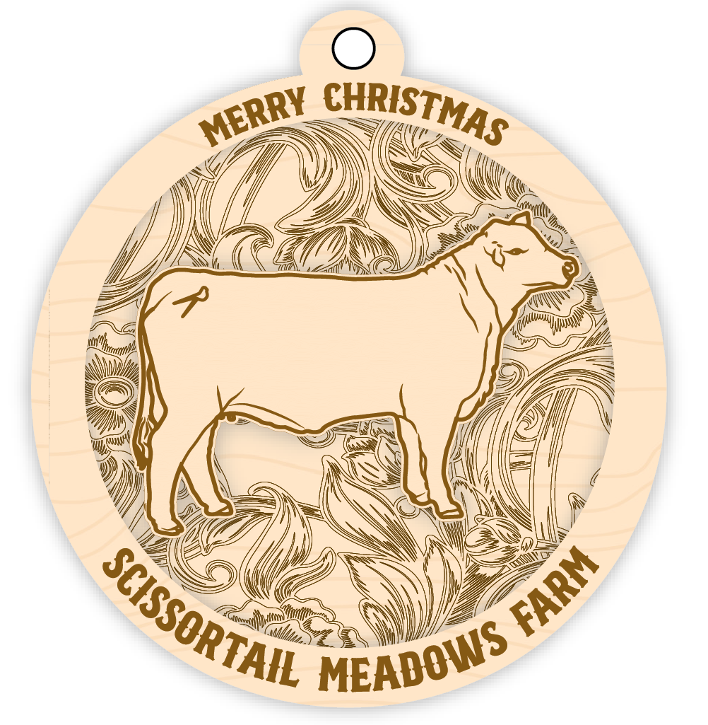 Wooden ornament with a cow illustration and 'Merry Christmas Scissortail Meadows Farm' text.