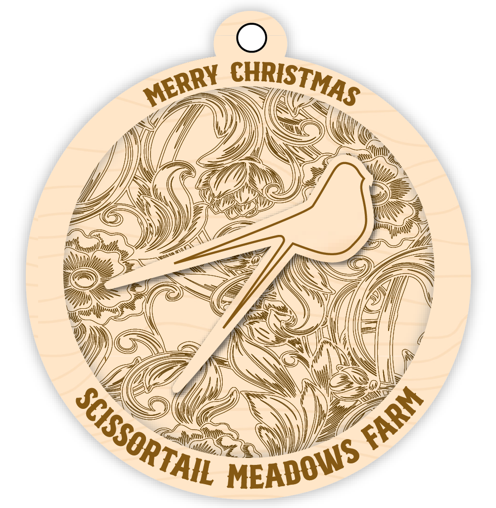 Wooden ornament with floral design and text 'Merry Christmas Scissortail Meadows Farm' on a white background