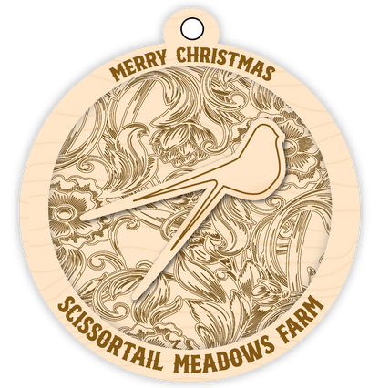 Wooden ornament with floral design and text 'Merry Christmas Scissortail Meadows Farm' on a white background
