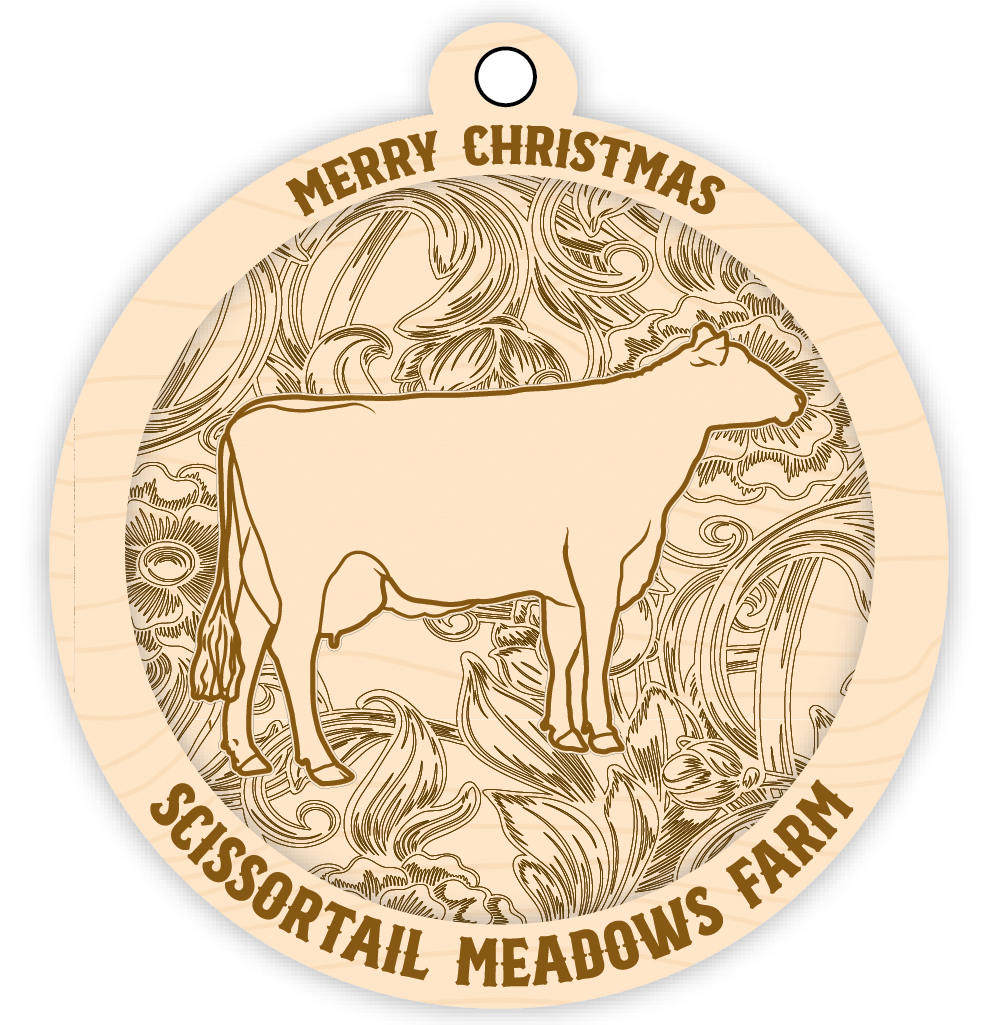 Wooden ornament with cow illustration and 'Merry Christmas Scissortail Meadows Farm' text.