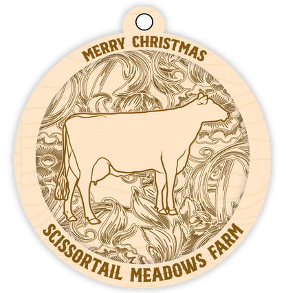 Wooden ornament with cow illustration and 'Merry Christmas Scissortail Meadows Farm' text.