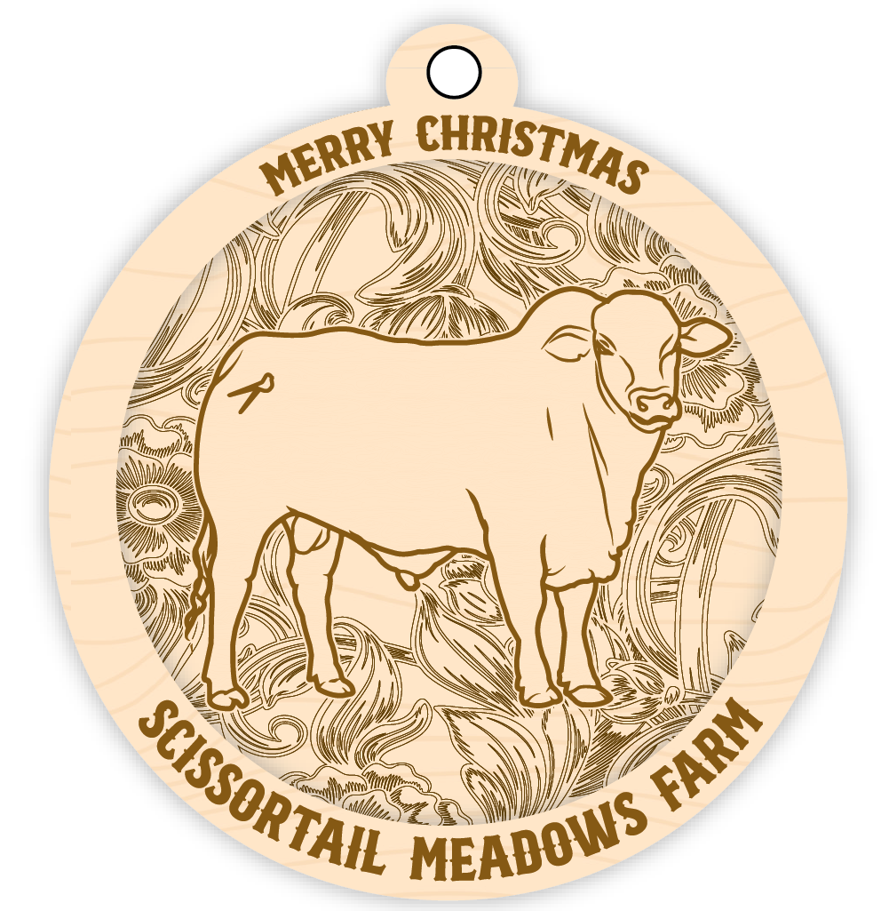Wooden ornament with a cow illustration and 'Merry Christmas Scissortail Meadows Farm' text.