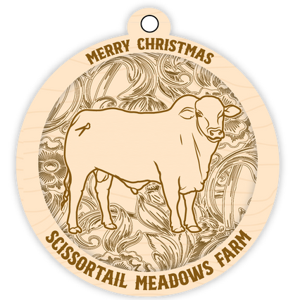 Wooden ornament with a cow illustration and 'Merry Christmas Scissortail Meadows Farm' text.