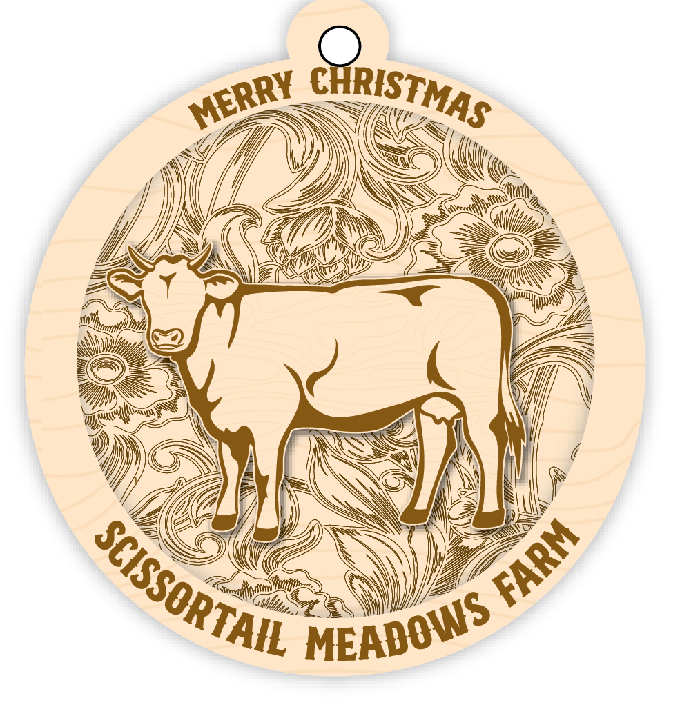 Wooden ornament with a cow illustration and 'Merry Christmas Scissortail Meadows Farm' text.