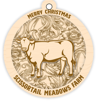 Wooden ornament with a cow illustration and 'Merry Christmas Scissortail Meadows Farm' text.