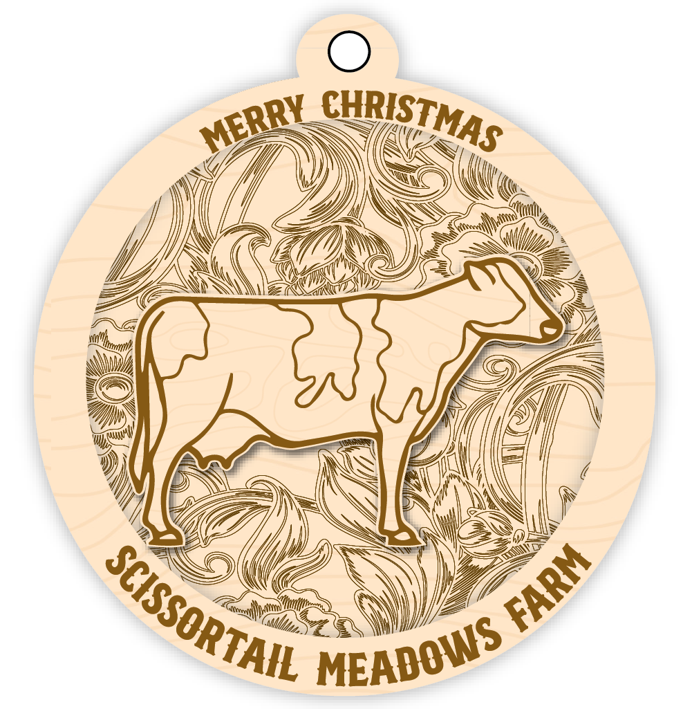 Wooden ornament with a bull design and 'Merry Christmas Scissortail Meadows Farm' text.