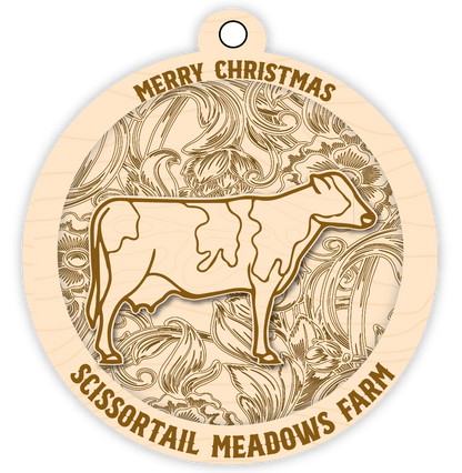 Wooden ornament with a bull design and 'Merry Christmas Scissortail Meadows Farm' text.