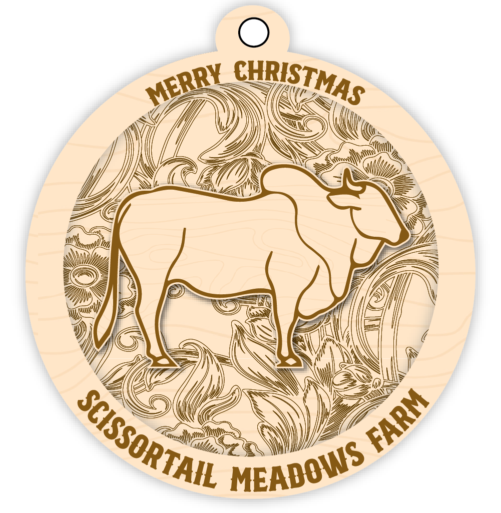Wooden ornament with cow design and 'Merry Christmas Scissortail Meadows Farm' text on a white background