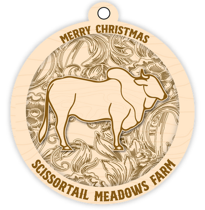 Wooden ornament with cow design and 'Merry Christmas Scissortail Meadows Farm' text on a white background