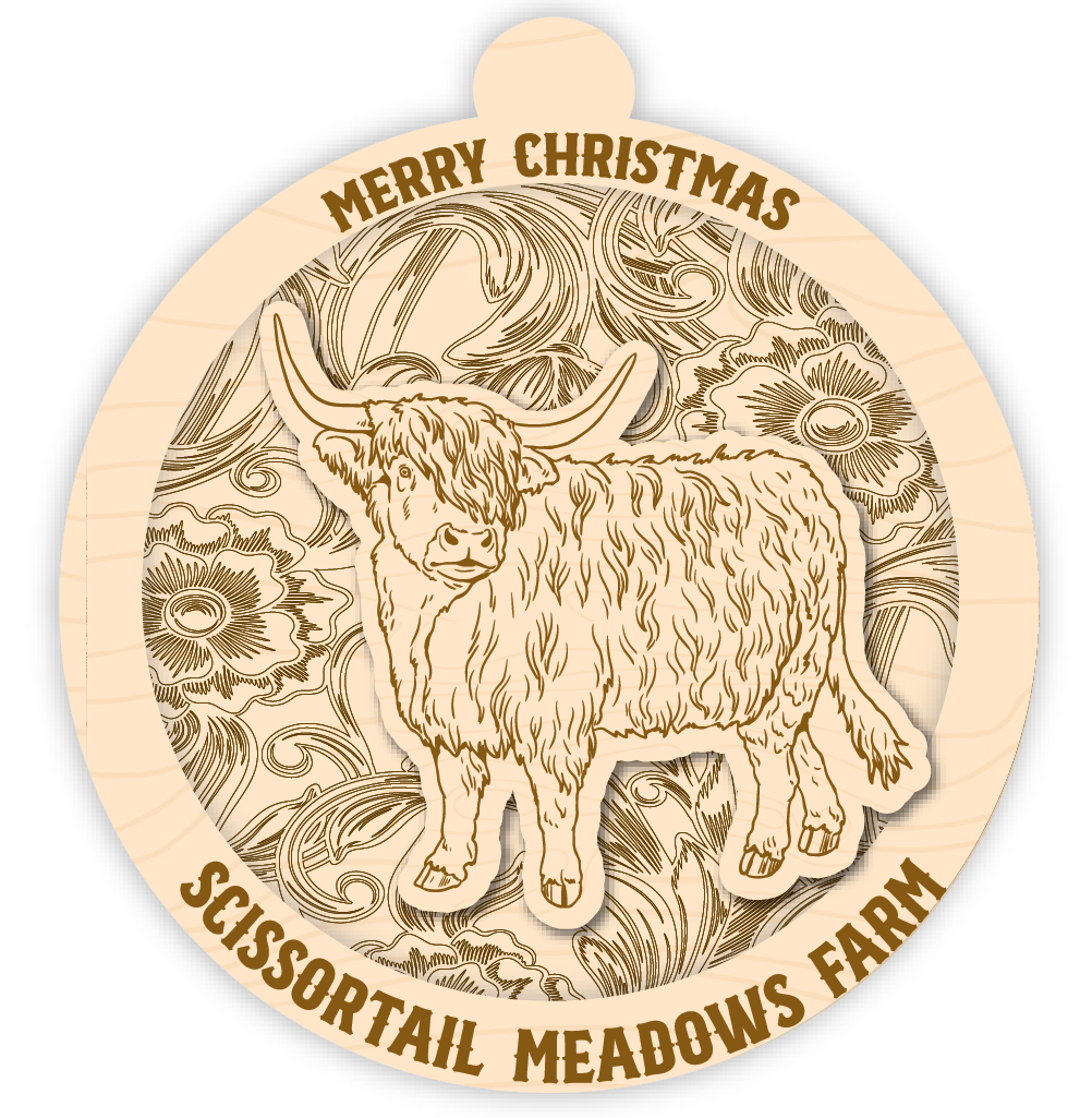 Wooden ornament with a highland cow illustration and 'Merry Christmas Scissortail Meadows Farm' text.