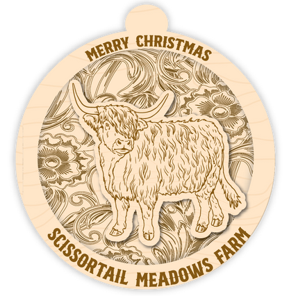 Wooden ornament with a highland cow illustration and 'Merry Christmas Scissortail Meadows Farm' text.