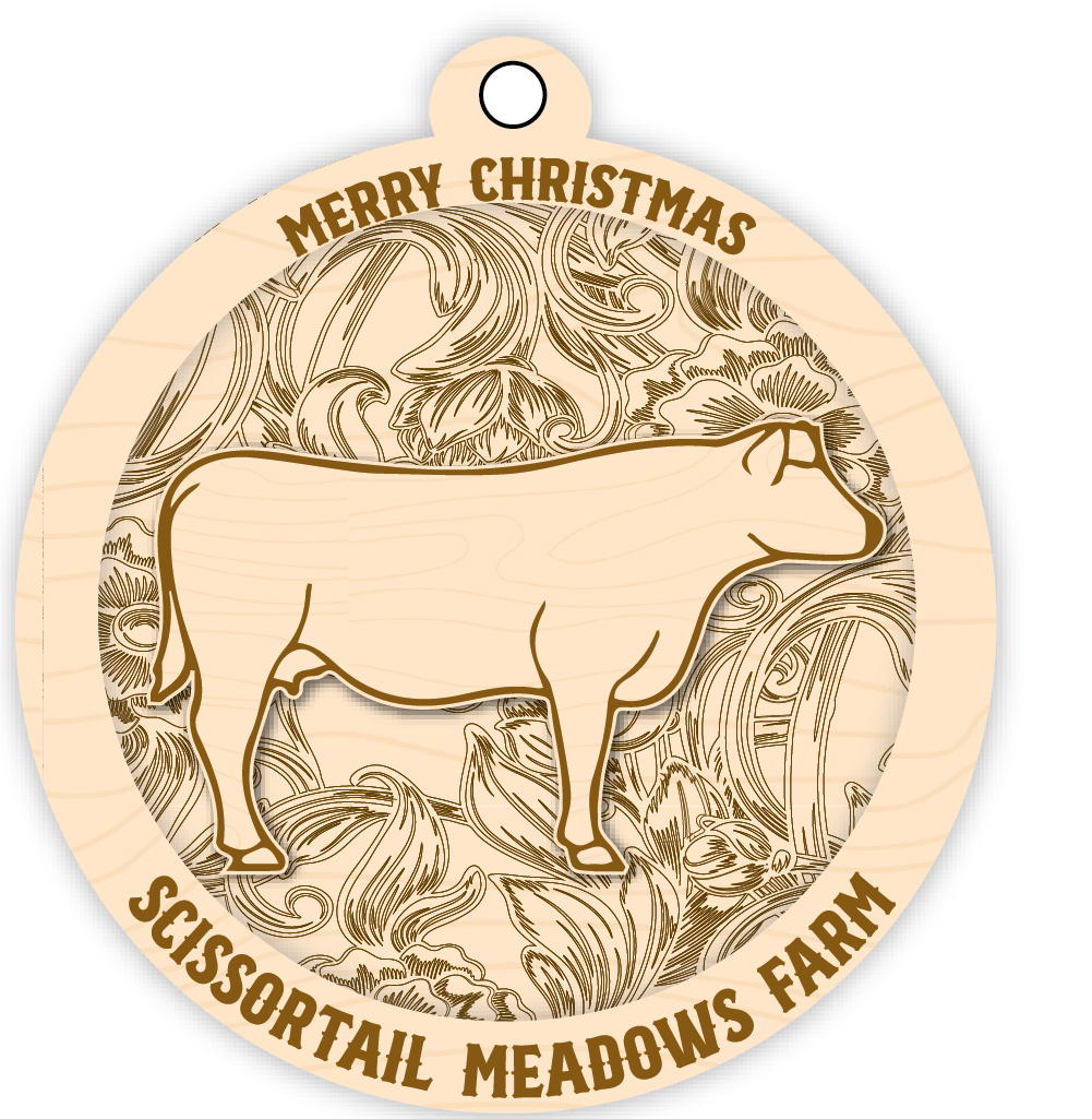 Wooden ornament with a deer design and 'Merry Christmas' text on a beige background