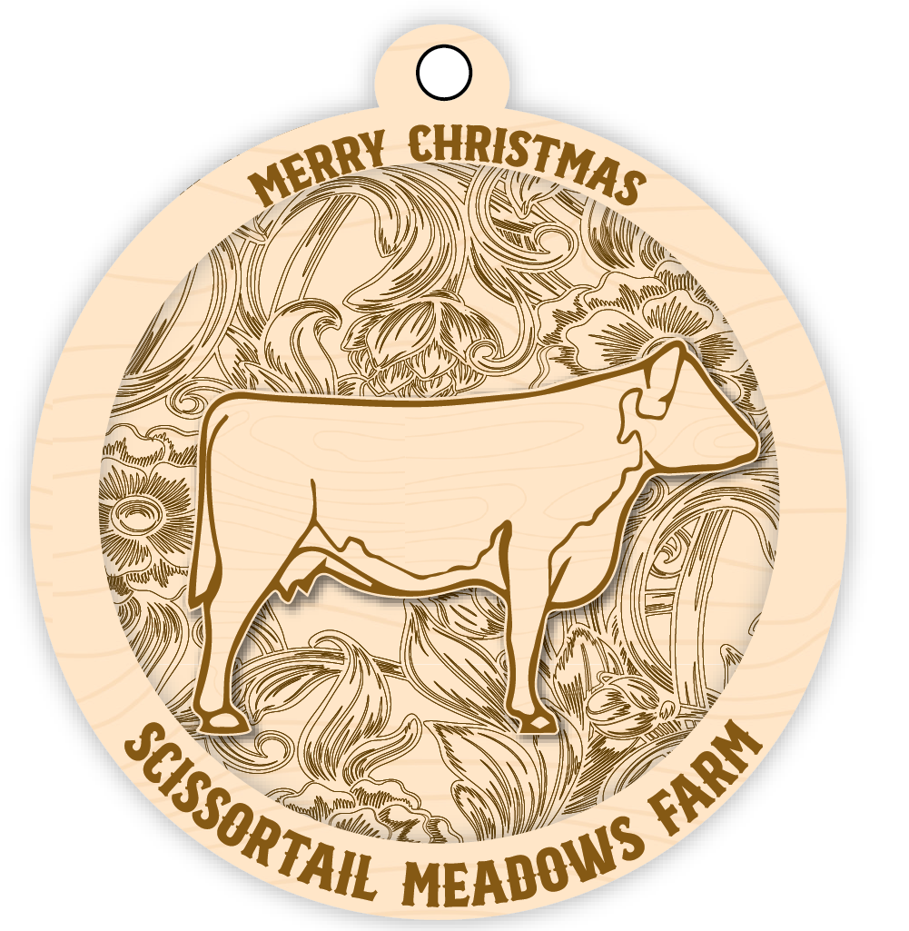 Wooden ornament with a cow silhouette and decorative patterns, featuring 'Merry Christmas' and 'Scissortail Meadows Farm'.