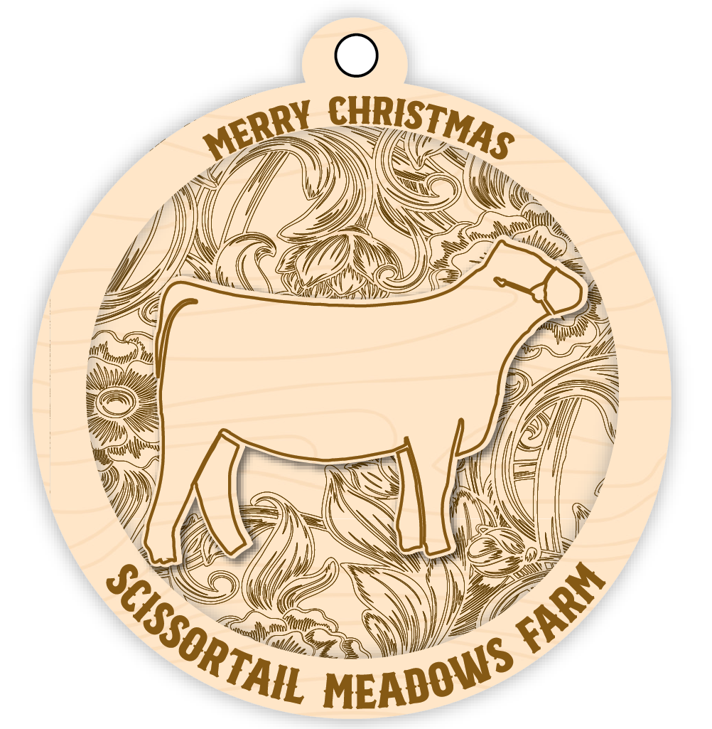 Wooden ornament with sheep design and text 'Merry Christmas Scissortail Meadows Farm' on a white background