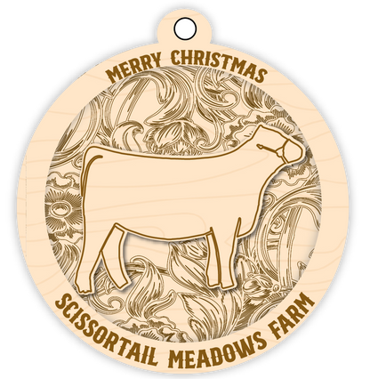 Wooden ornament with sheep design and text 'Merry Christmas Scissortail Meadows Farm' on a white background