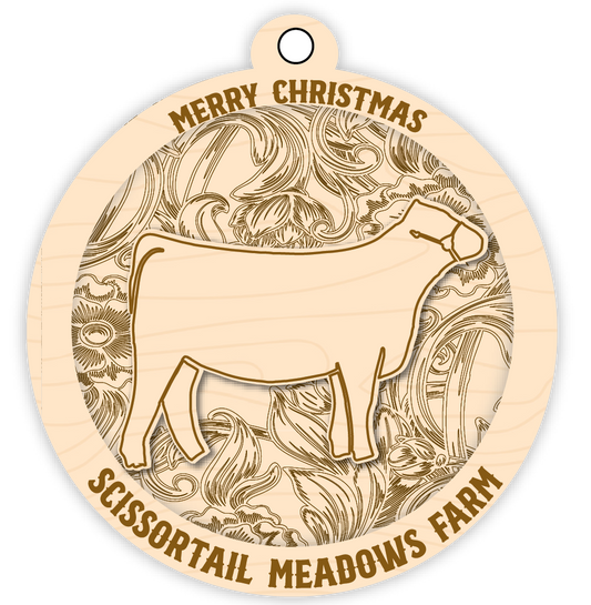 Wooden ornament with sheep design and text 'Merry Christmas Scissortail Meadows Farm' on a white background