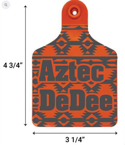 Orange and gray 'Aztec DeDee' product with dimensions on a white background