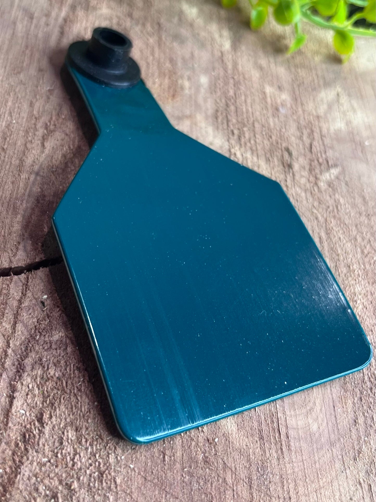  dark green plastic medium cow tag on a wooden surface with greenery in the corner
