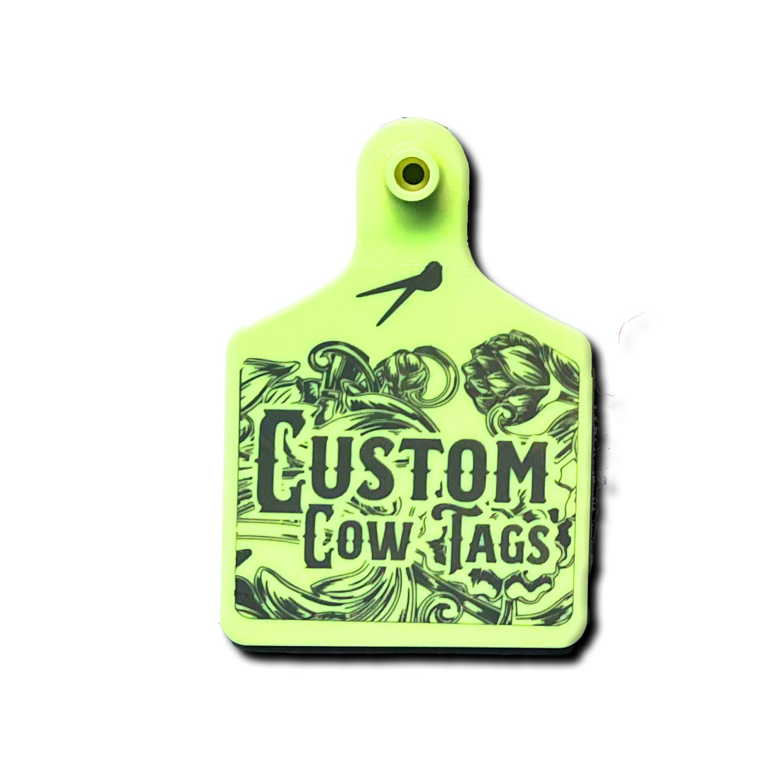 Neon green custom cow tag with branding on a white background