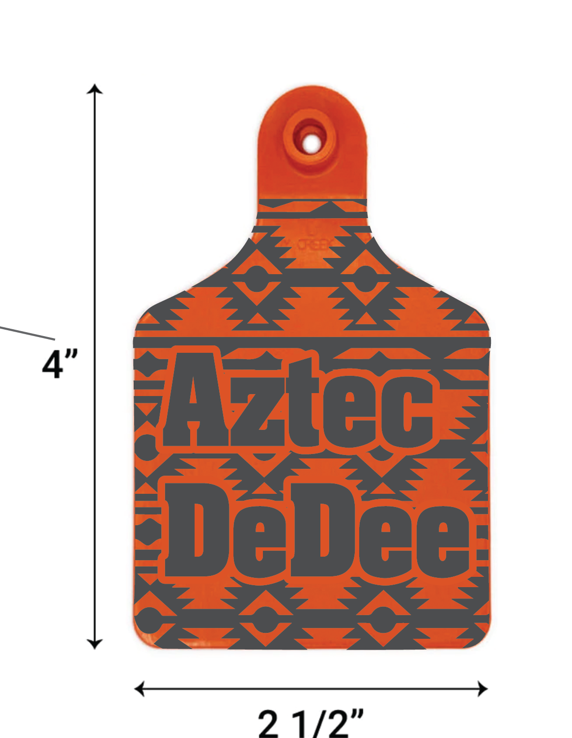 Orange and gray 'Aztec DeDee' product with dimensions on a white background