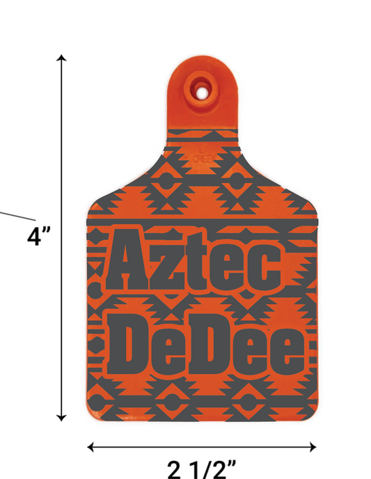 Orange and gray 'Aztec DeDee' product with dimensions on a white background