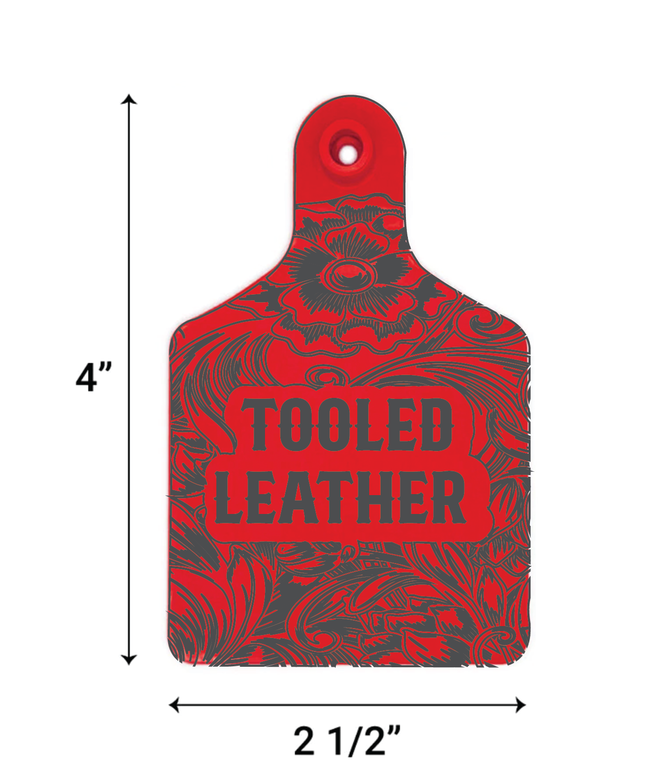 Red and black patterned ear tag with 'Tooled Leather' text and dimensions on a white background