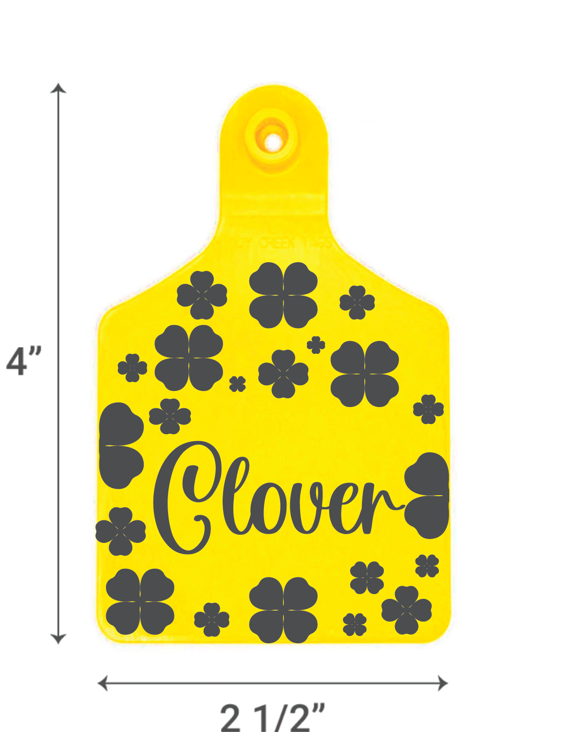 Yellow ear tag with black clover patterns and 'Clover' text, with measurements indicated.
