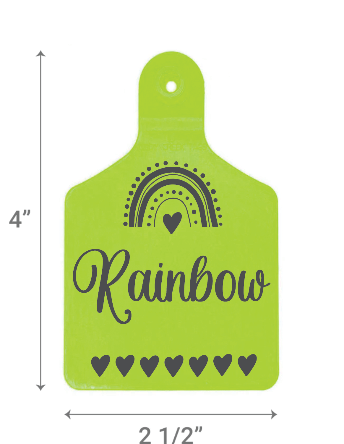 Green ear tag with rainbow and heart design, dimensions indicated.