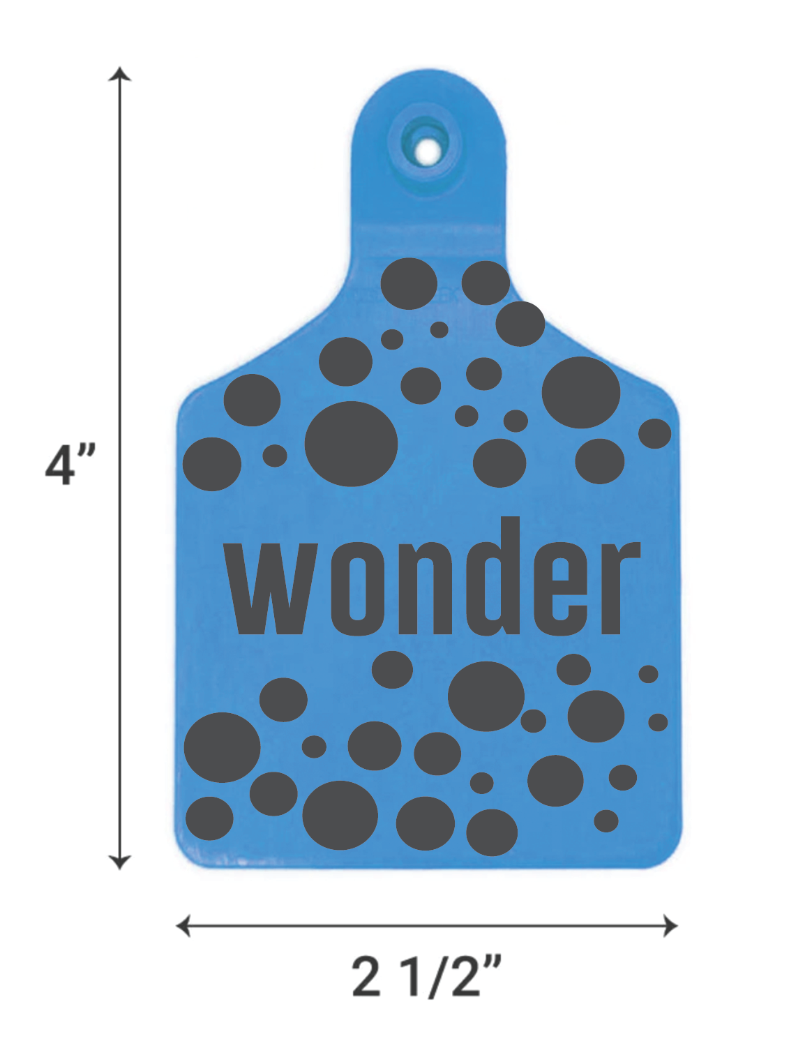 Blue ear tag with 'wonder' text and black spots, shown with measurements on a white background.