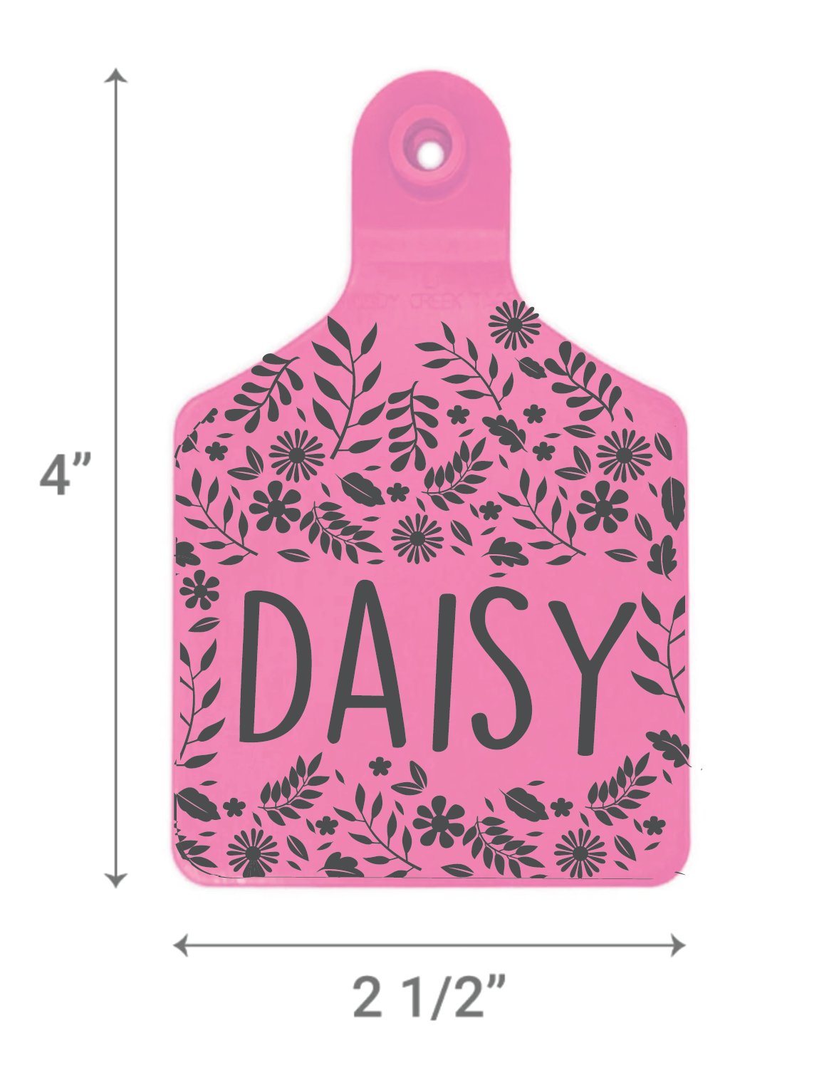 Pink pet tag with floral pattern and 'DAISY' text, dimensions indicated.