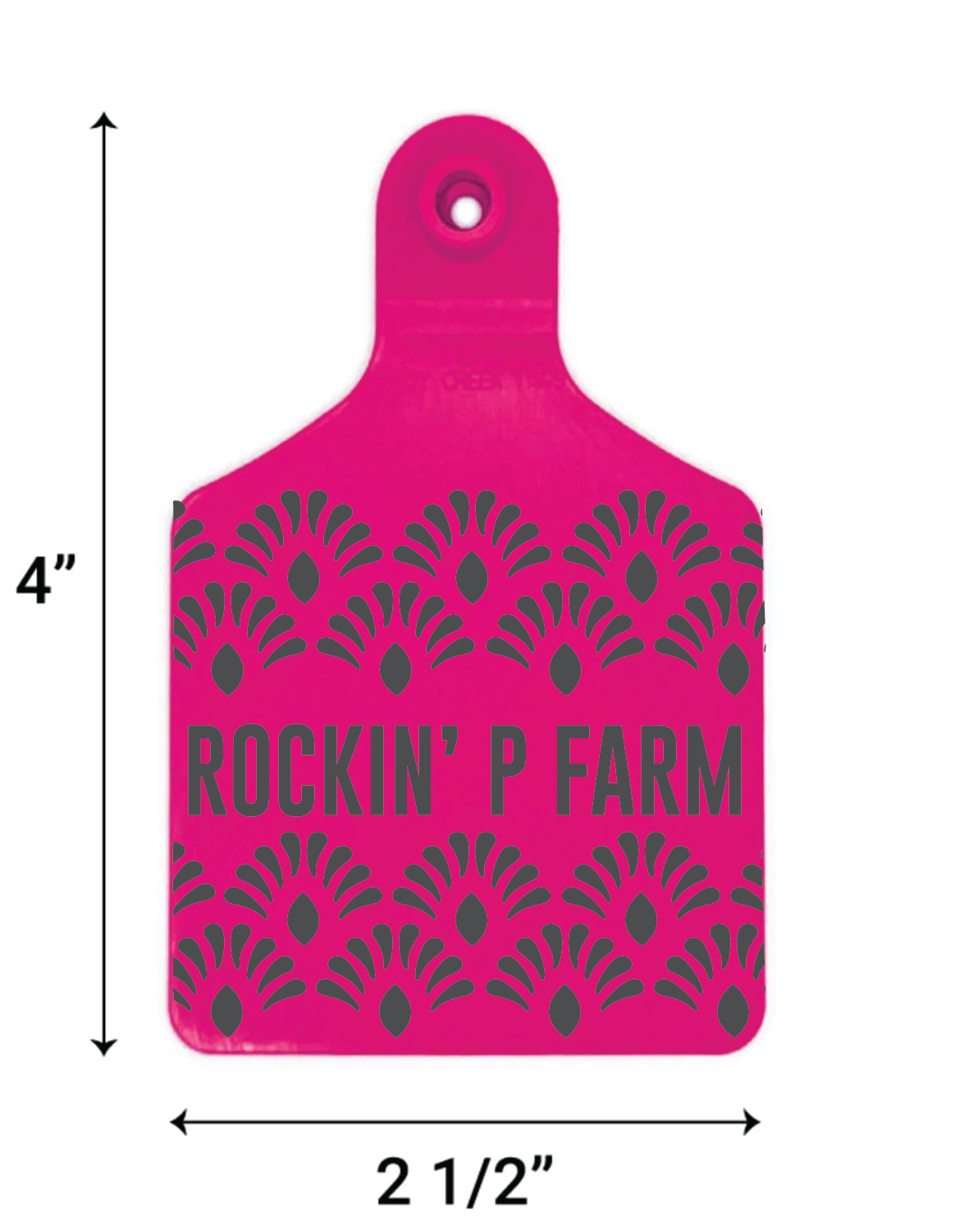 Pink tag with 'Rockin' P Farm' text and pattern, dimensions indicated.