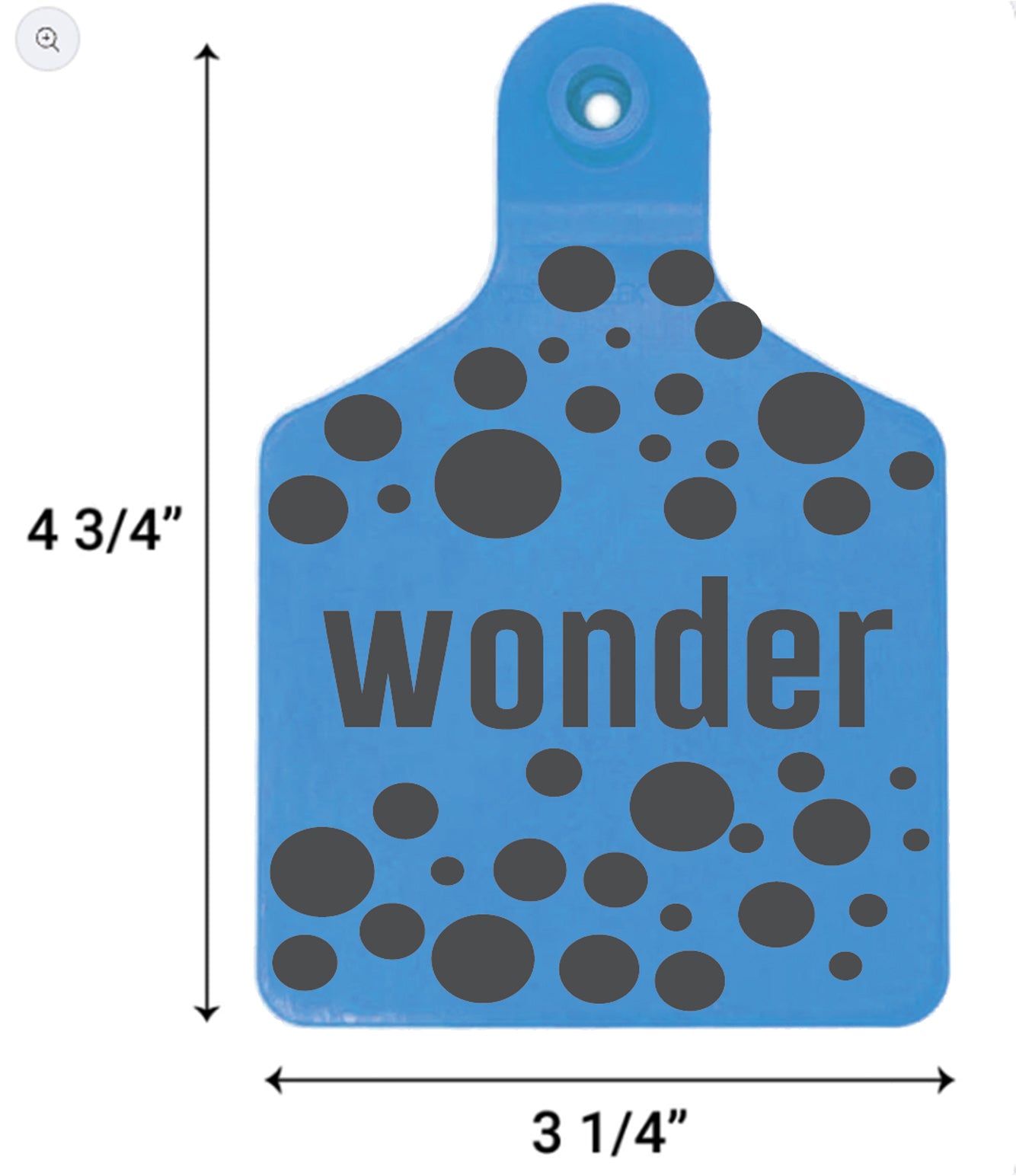 Blue tag with black dots and 'wonder' text, showing dimensions on a white background