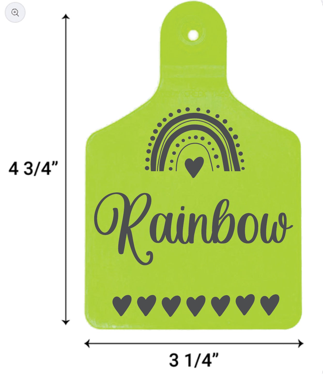 Green ear tag
 with 'Rainbow' and heart designs, measurements indicated.