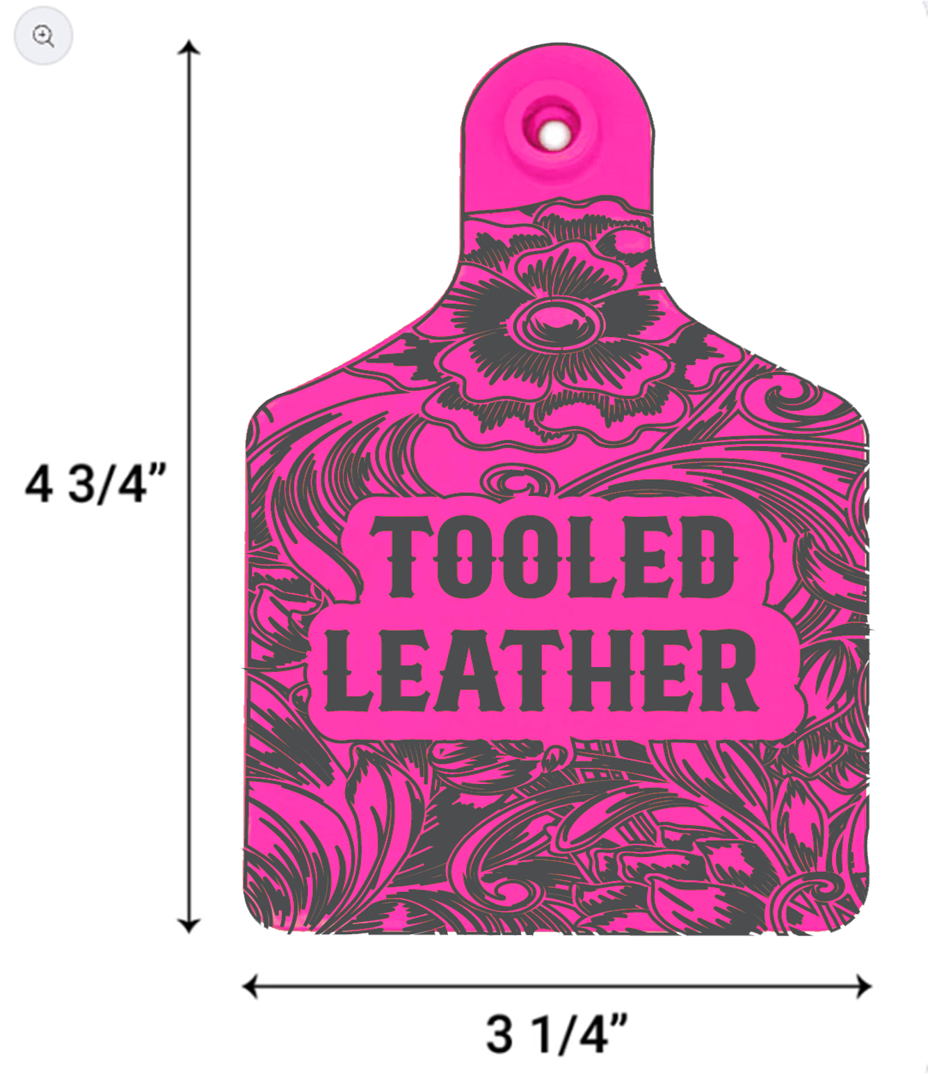Pink and black 'Tooled Leather' product with measurements on a white background