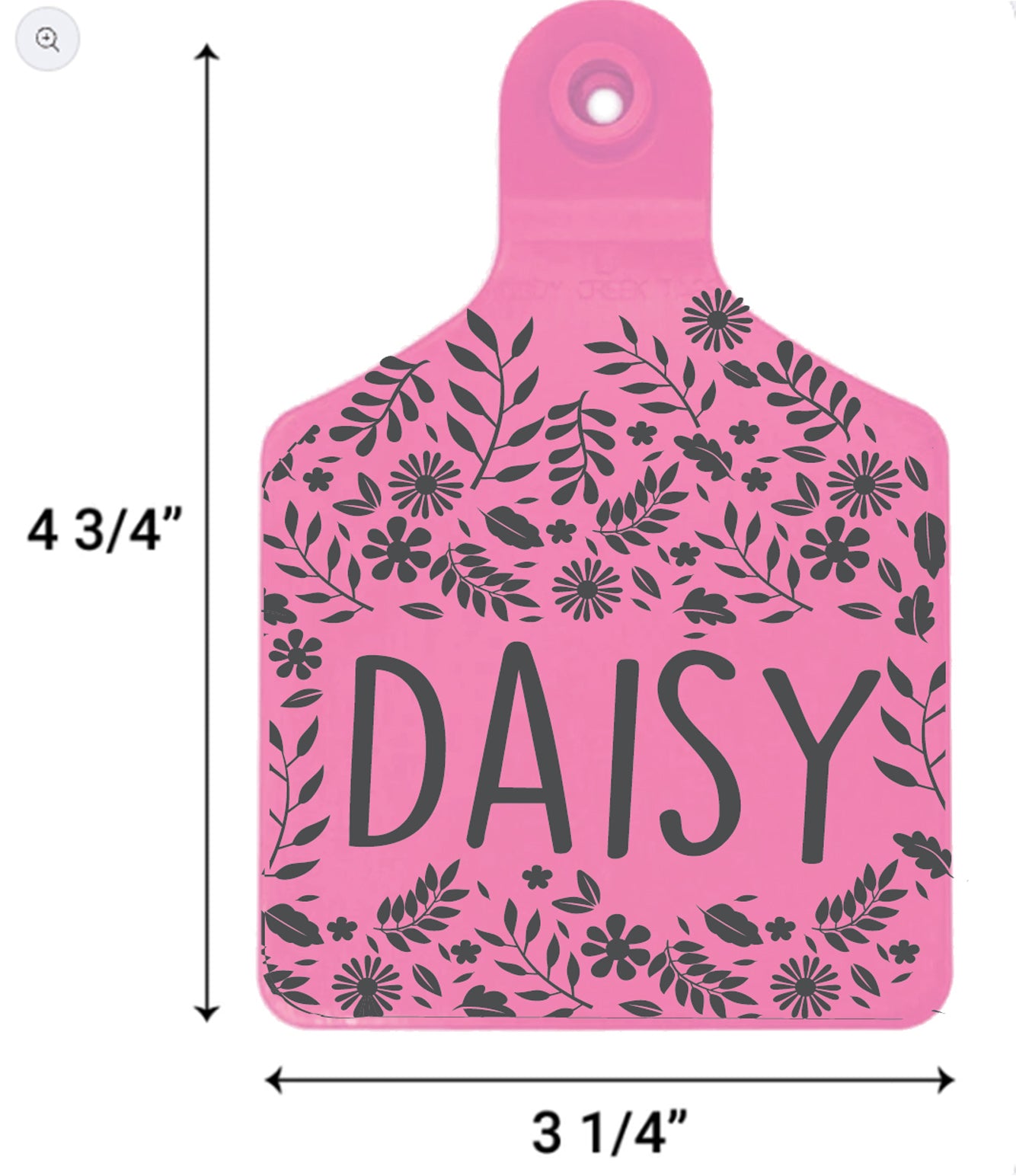 Pink pet tag with floral pattern and 'DAISY' text, shown with measurements.