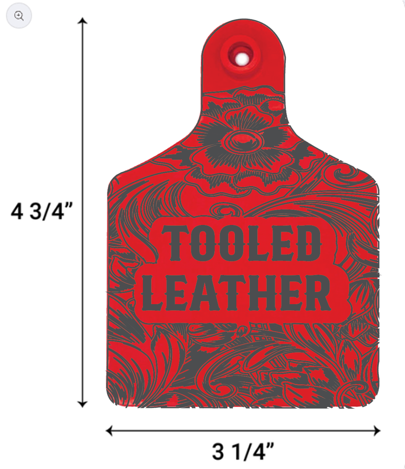 Red and black 'Tooled Leather' cow tag with measurements on a white background