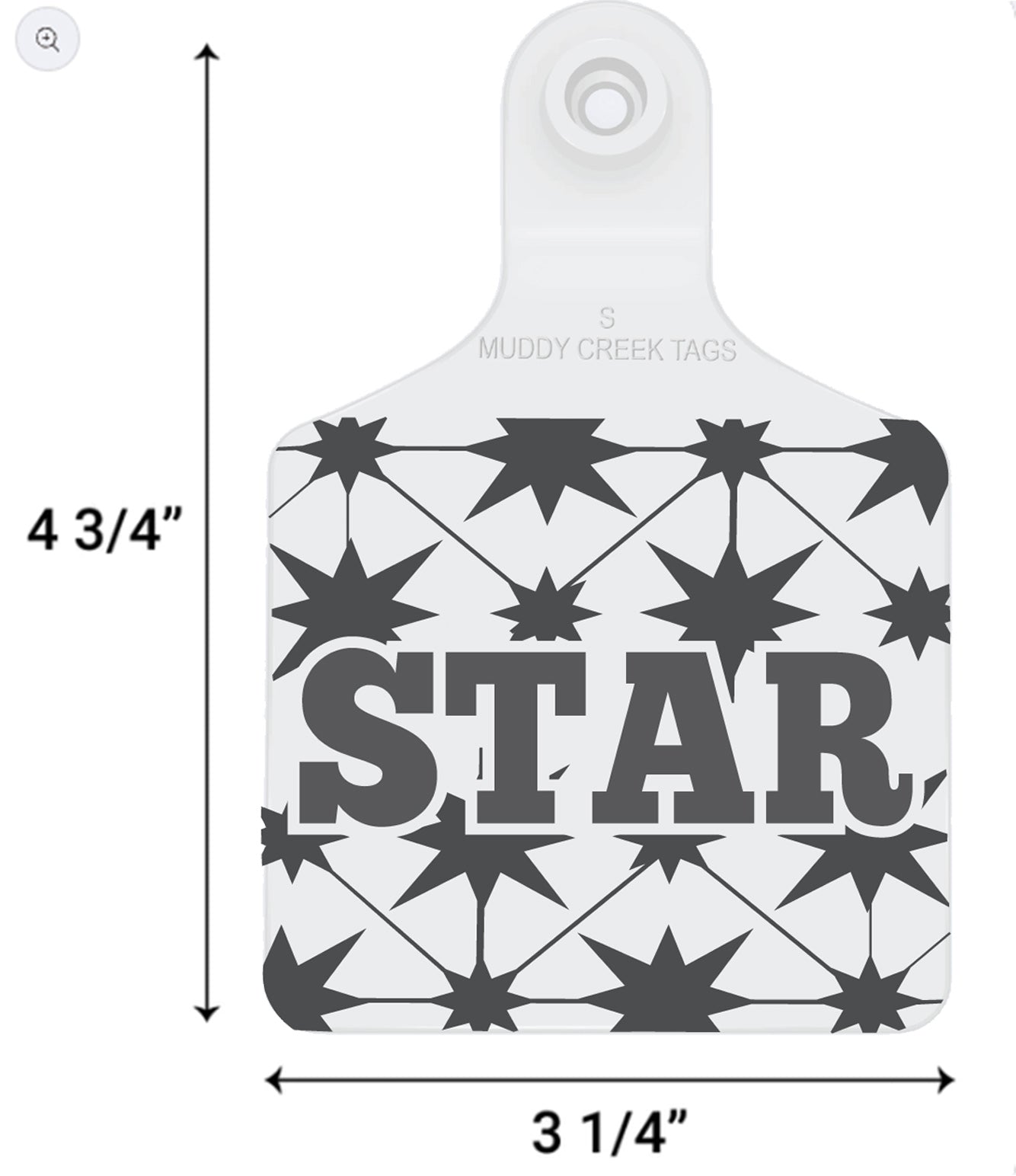 White ear tag with black star pattern and 'STAR' text, dimensions indicated.