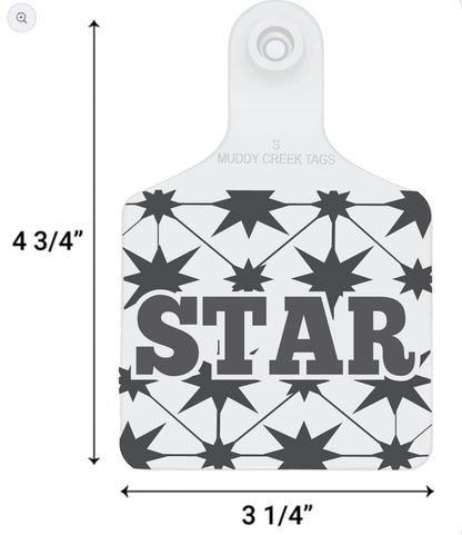 White ear tag with black star pattern and 'STAR' text, dimensions indicated.