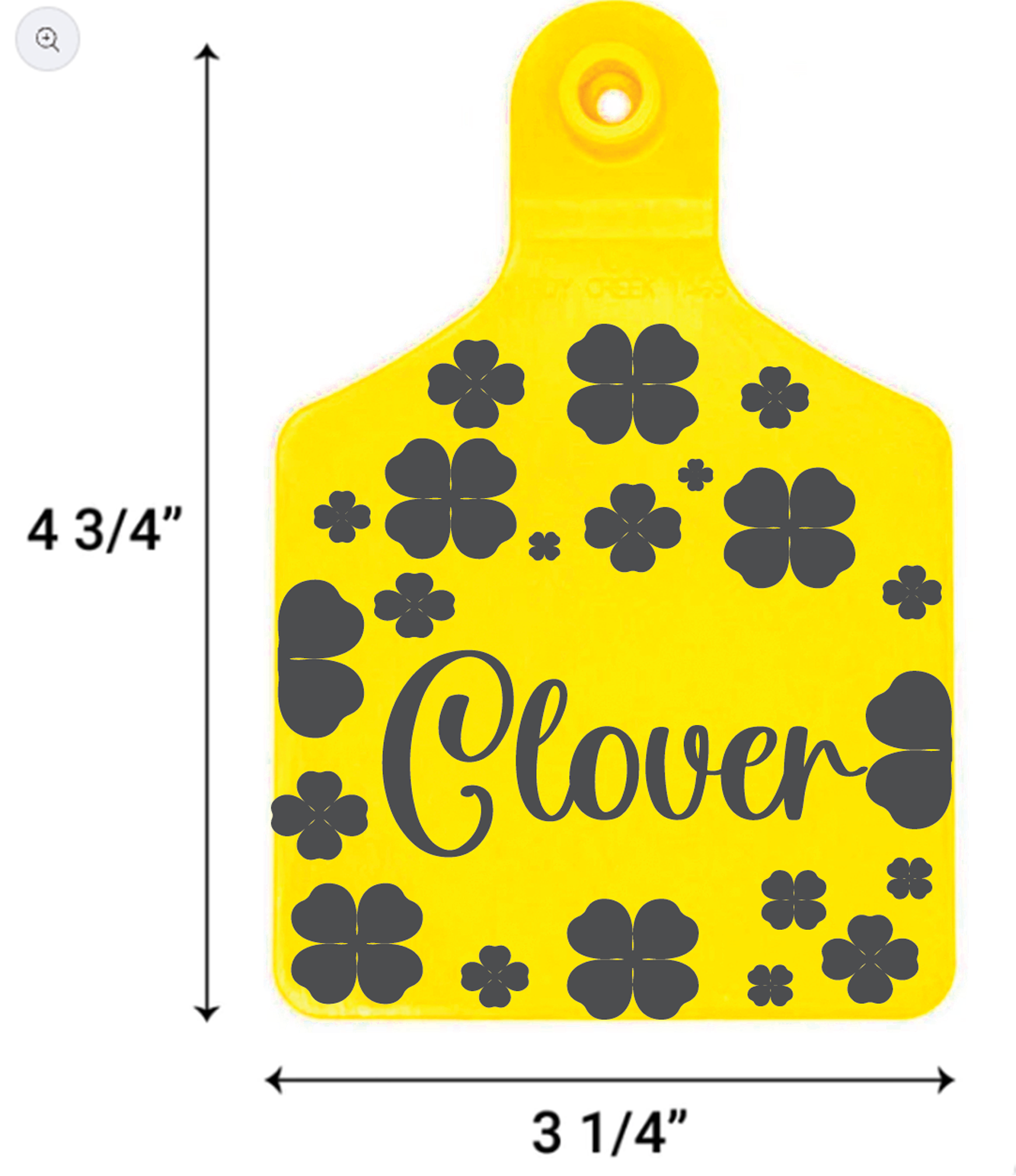 Yellow cow tag with black clover patterns and 'Clover' text, with measurements indicated.